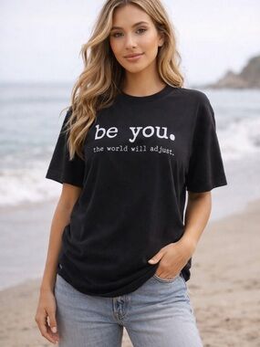 Gildan Black Short Sleeve Women's Tee with White "be you." Print